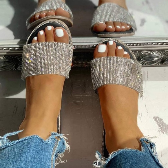 Sparkling Rhinestone Flat Slide Sandals Silver/black 6.5 - Picture 1 of 10